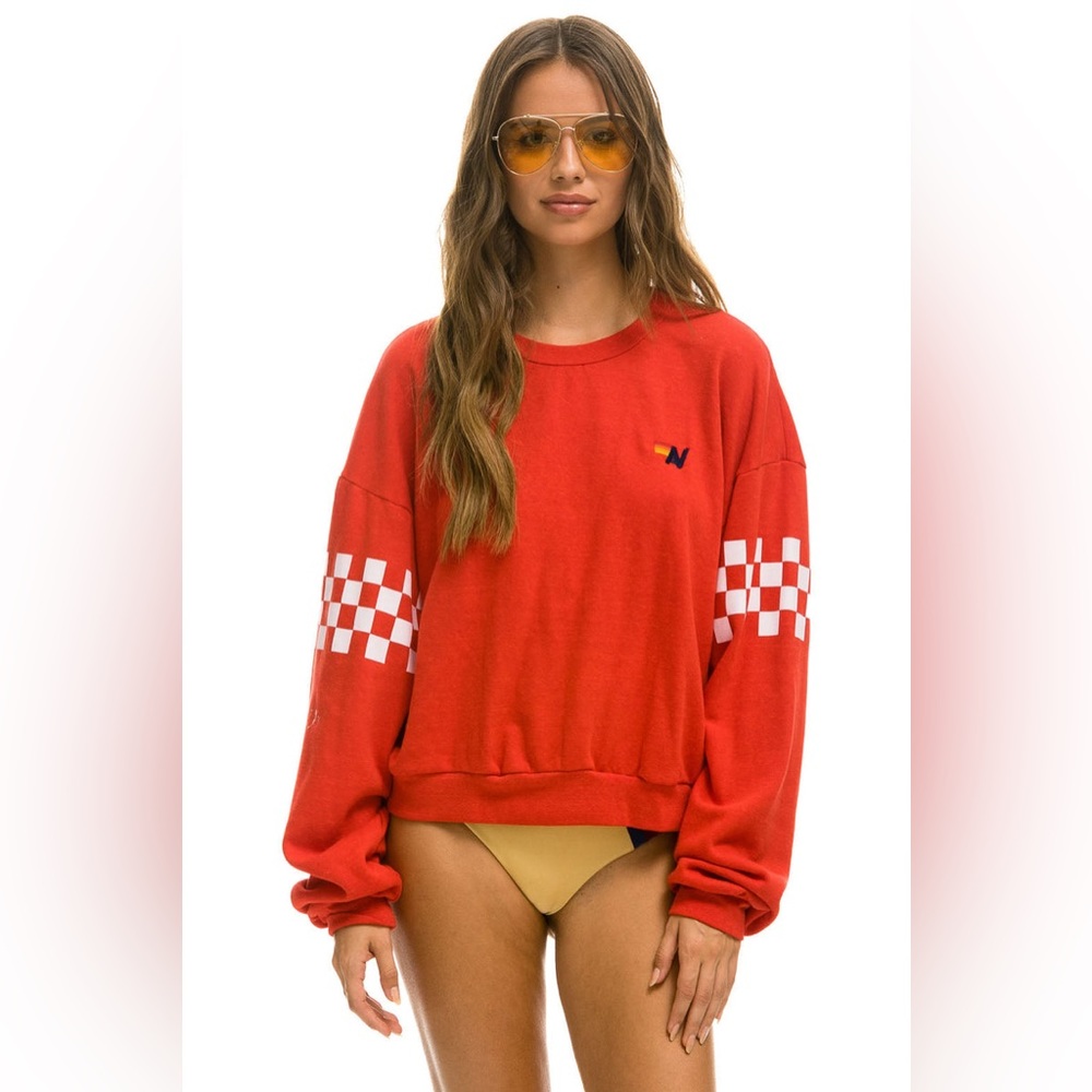 Aviator Nation CHECK 2 SLEEVE RELAXED CREW SWEATSHIRT - RED // WHITE S